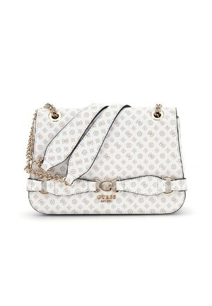 Borsa a tracolla in finta pelle bianca con motivo dorato, tracolla a catena e dettagli in oro. Presenta una pattina superiore e una tracolla regolabile.
