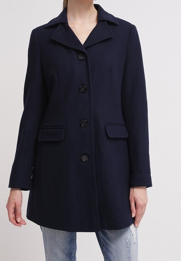 Manteau bleu marine en laine avec un col cranté, six boutons noirs, deux poches avant et une coupe jusqu'aux genoux. Texture lisse et design ajusté.