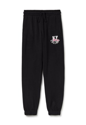 Pantalones deportivos negros con cintura y puños elásticos, bolsillos delanteros y texto "NY College" con diseño floral rosa en el muslo izquierdo.