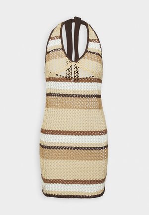 Sleeveless knit halter dress with beige, brown, and white horizontal stripes and a deep V-neckline on a plain background.