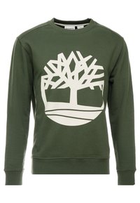Felpa verde in cotone con collo rotondo. Caratterizzata da un grande logo bianco a forma di albero al centro e polsini e orlo a coste.