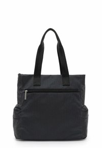 Black tote bag with textured material, dual top handles, a front zip pocket, and a structured design. Features accent stitching and a flat base.