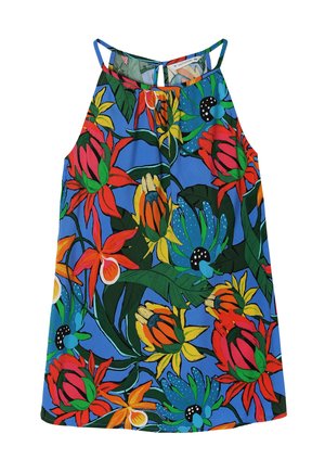 Virágmintás top, kék háttérrel, élénk piros, narancs és sárga virágokkal, zöld levelekkel és vékony pántokkal.