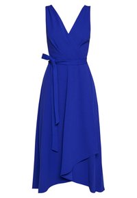 Robe portefeuille bleue sans manches avec col en V, ourlet asymétrique et ceinture nouée à la taille en tissu uni.