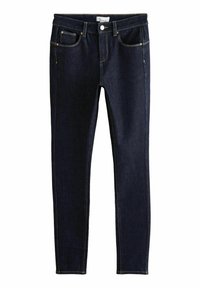 Jeans ajustados de color azul oscuro hechos de denim, con bolsillos delanteros, costuras doradas y una superficie ligeramente texturizada. Diseñados para un ajuste ceñido.