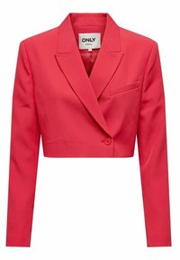 Veste rouge coupée avec manches longues, revers à encoches, fermeture à un bouton et une poche poitrine passepoilée.