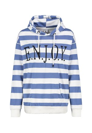 Gestreepte hoodie in blauw en wit, met een voorzak en de tekst "E.N.J.O.Y." in zwart. Gemaakt van katoen met een zachte textuur.