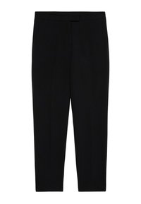 Zwarte op maat gemaakte rechte broek met een verborgen sluiting aan de voorkant en een aansluitende tailleband, weergegeven op een witte achtergrond.