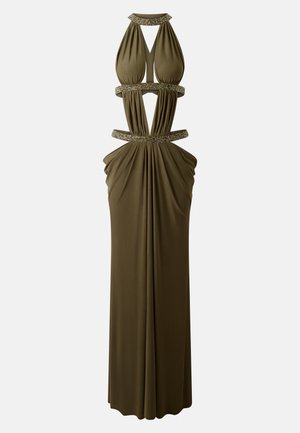 Βραδινό φόρεμα σε ελιά πράσινο με ντεκολτέ halter, κοψίματα και λαμπερές διακοσμήσεις στο γιακά και τις ζώνες, μήκους μέχρι το πάτωμα με φούστα σε drape.