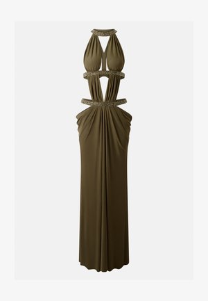 Βραδινό φόρεμα σε ελιά πράσινο με ντεκολτέ halter, κοψίματα και λαμπερές διακοσμήσεις στο γιακά και τις ζώνες, μήκους μέχρι το πάτωμα με φούστα σε drape.