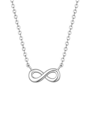 Collana in argento sterling con un ciondolo simbolo dell'infinito lucido su una sottile catena a maglie, su sfondo bianco.