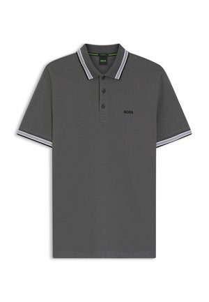 Graues Poloshirt aus Baumwollmischung mit einer Knopfleiste mit drei Knöpfen, kontrastierendem gestreiftem Kragen und Ärmelabschlüssen sowie einem kleinen Logo.