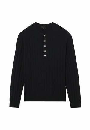 Fekete, hosszú ujjú bordázott kötött pulóver kör alakú nyakkivágással és öt ezüst gombbal az elején.