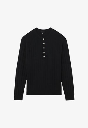Schwarzer Langarm-Rippstrickpullover mit rundem Ausschnitt und fünf silbernen Knöpfen entlang der vorderen Knopfleiste.