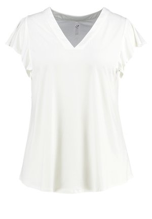 Weißes kurzärmliges Oberteil mit V-Ausschnitt, versehen mit Rüschendetails an den Ärmeln und aus einem glatten, leichten Stoff. Lässiger Schnitt und lockere Passform.