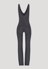 Jumpsuit noir scintillant avec un décolleté en V profond et une coupe ajustée, doté de jambes longues et d'une texture lisse et extensible.