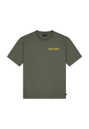 Khaki green short-sleeve crewneck t-shirt with small yellow "Ballin Studio Records & Publishing" text on left chest.