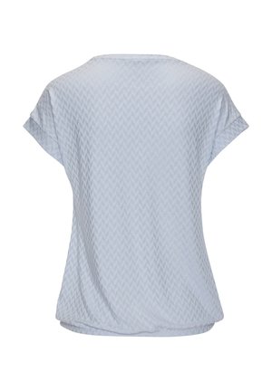 Lichtblauw T-shirt met korte mouwen, voorzien van een getextureerd zigzagpatroon, een ronde halslijn en een relaxte pasvorm, met een gebogen zoom aan de onderkant.