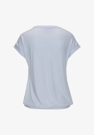 Lichtblauw T-shirt met korte mouwen, voorzien van een getextureerd zigzagpatroon, een ronde halslijn en een relaxte pasvorm, met een gebogen zoom aan de onderkant.