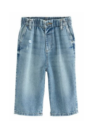 Shorts en denim de couleur bleu clair avec une taille élastique, des poches avant et des détails déchirés. Coupe régulière, design arrivant aux genoux.
