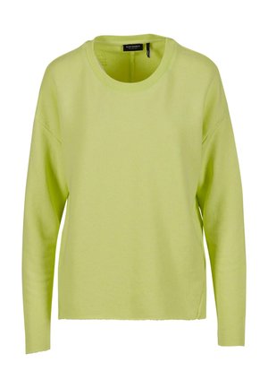 Felpa verde chiaro con colletto rotondo, maniche lunghe e vestibilità rilassata. Il tessuto appare morbido con una finitura leggermente texturizzata e orlo grezzo.