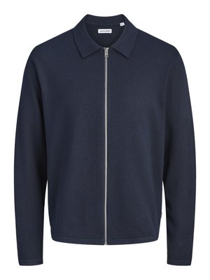 Tmavomodrá bunda na zips s dlhými rukávmi a golierom, jednoduchý dizajn a strieborný zips uprostred prednej časti.