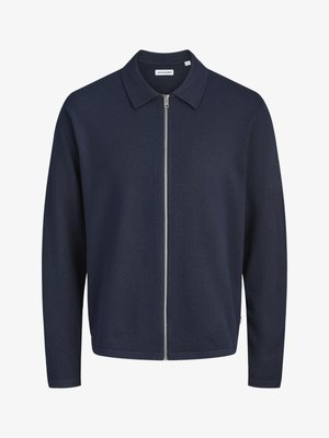 Veste zippée à manches longues bleu marine avec col, design uni et fermeture éclair argentée au centre devant.