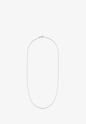 Sølvfarvet metal kædehalssmykke med et snoet design, der har en sikker lås og en glat overflade, præsenteret mod en ensfarvet baggrund.