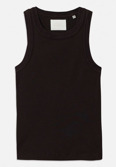Black ribbed tank top with a round neckline and wide armholes. Fabric has a textured appearance. Label visible inside at the neck.