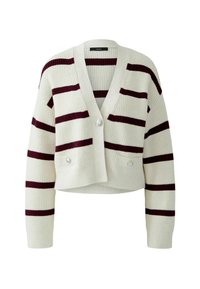 Cremfarbener Strickcardigan mit dunkelburgunderfarbenen Streifen, V-Ausschnitt, verkürztem Design, zwei Vorderseiten-Taschen und silberner Knopfleiste.