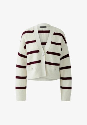 Cardigan en tricot crème avec des rayures bourgogne foncé, décolleté en V, design court, deux poches avant et fermeture à boutons argentés.