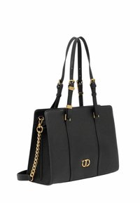 Black leather handbag with a structured shape, gold hardware accents, dual handles, and a detachable chain strap. Front logo detail included.