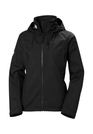 Chaqueta impermeable negra con capucha, cremallera frontal completa y bolsillos laterales con cremallera; cuenta con un alto cuello y tejido texturizado.