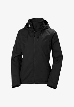 Chaqueta impermeable negra con capucha, cremallera frontal completa y bolsillos laterales con cremallera; cuenta con un alto cuello y tejido texturizado.