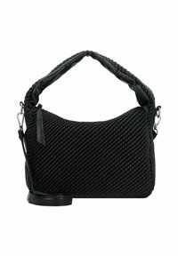Bolso negro con textura trenzada, asa acolchada y correa desmontable. Diseño elegante con sutiles acentos de hardware.