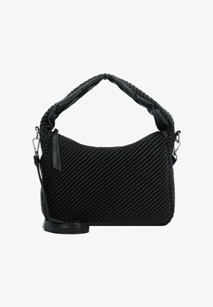 Bolso negro con textura trenzada, asa acolchada y correa desmontable. Diseño elegante con sutiles acentos de hardware.