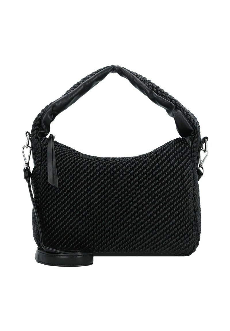 Bolso negro con textura trenzada, asa acolchada y correa desmontable. Diseño elegante con sutiles acentos de hardware.