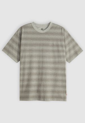 Gray striped t-shirt made of soft cotton. Short sleeves, ribbed crew neckline, subtle logo detail on the front, and a small red label at the hem.