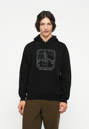 Black pullover hoodie with a front pocket, featuring a white graphic design inside a rope frame. Cotton material, relaxed fit, ribbed cuffs.