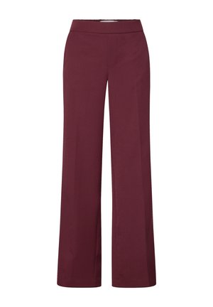 Pantalons larges en tissu bordeaux. Présentent une texture lisse et une taille haute sans ouvertures ou embellissements visibles.