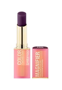Balsamo labbra in un contenitore con bordi dorati e bullet viola. Il packaging presenta una gradazione di rosa e testo bianco, etichettato "COLOR" e "MAGNIFIER."