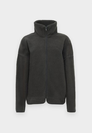 Dark gray fleece jacket with a high collar, zip front, and textured surface. Long sleeves with elastic cuffs, no visible logos.