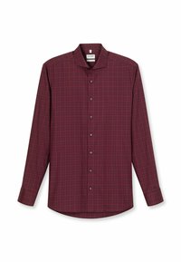 Burgundirotes Langarmhemd mit kariertem Muster, Button-Down-Kragen und schwarzen Knöpfen. Der Stoff wirkt glatt mit einem Hauch von Glanz.