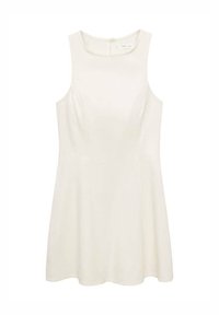 Robe sans manches en tissu blanc cassé, design évasé avec des détails de coutures et une fermeture éclair dans le dos. Texture lisse avec une silhouette simple.