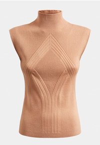 Top senza maniche in un tessuto a coste beige chiaro, caratterizzato da motivi a coste verticali e diagonali, con una silhouette aderente.