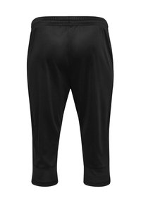 Svarta idrottskapri som är tillverkade av ett slätt, lätt tyg med resår i midjan och kort längd, utan synliga logotyper eller mönster.