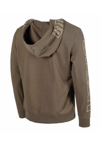 Felpa marrone con un design rilassato, dotata di un grande cappuccio, polsini rigati e dettagli testuali sul braccio in un colore chiaro a contrasto.