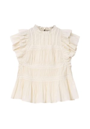 Cream-colored short-sleeve blouse with ruffled sleeves, lace detailing, and a high gathered neckline with a button closure at the back.