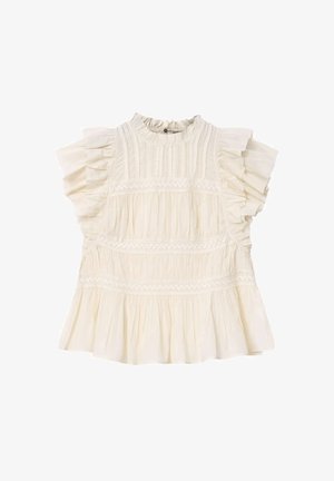 Kortærmet bluse i cremefarve med flæser ved ærmerne, blonderdetaljer og en høj, rynket halsudskæring med knaplukning bagpå.