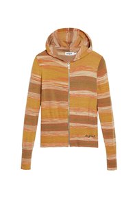 Hooded zip-up kofta i ribbat tyg med orange, gula och gröna ränder. Har en broderad logotyp i nederkanten.